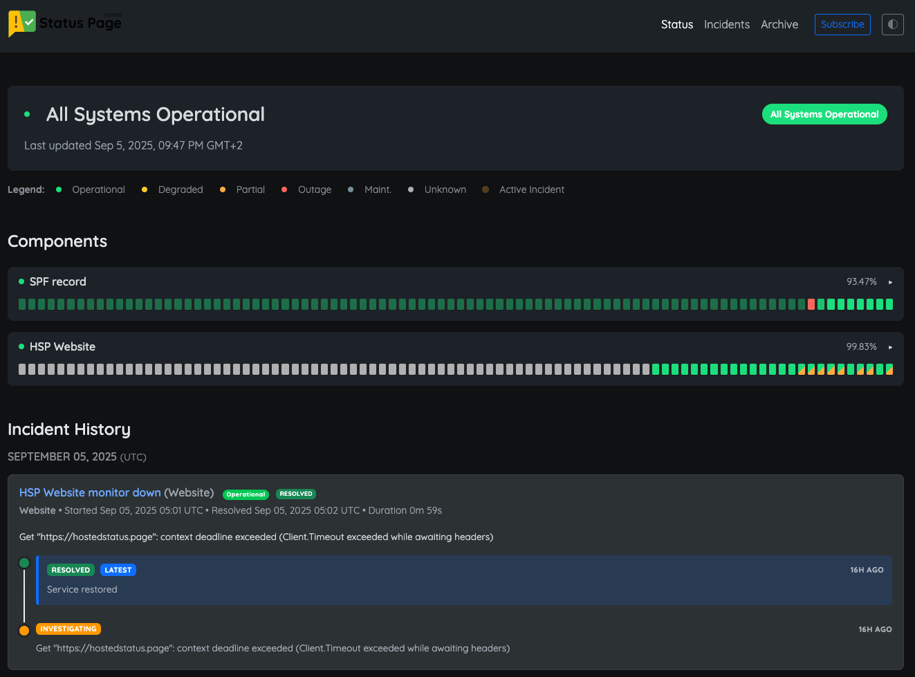 status page screenshot